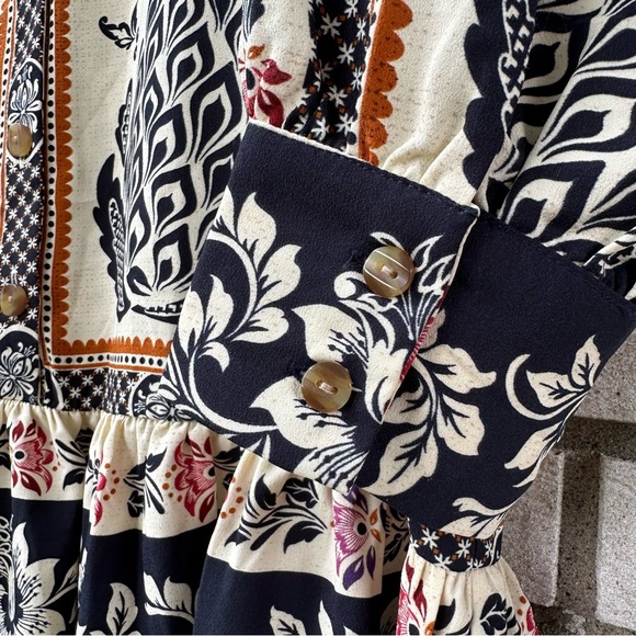 Joie Floral Boho Shirt Dress Large Cream Navy Multicolor Button Front Ruffle Hem - Picture 6 of 10